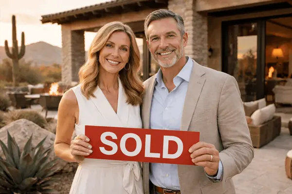 Sellers in front of their sold home