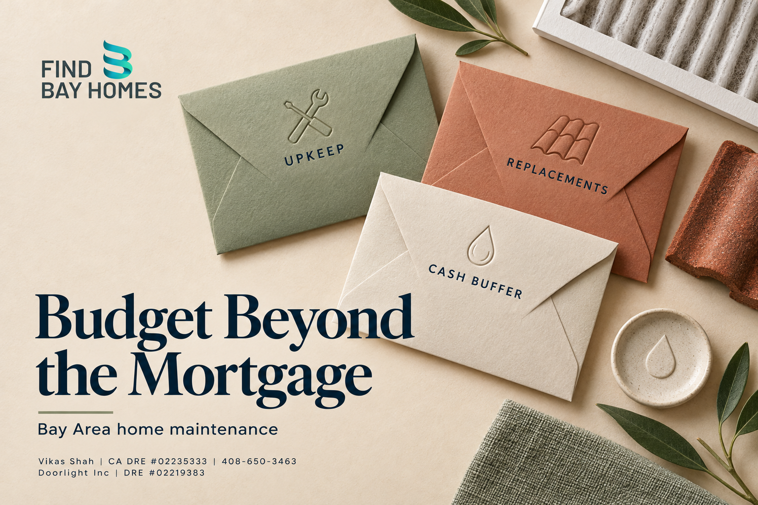 Conceptual sand, sage and terracotta envelope cover separating upkeep, replacements and cash buffer, with Find Bay Homes logo and Vikas Shah contact details