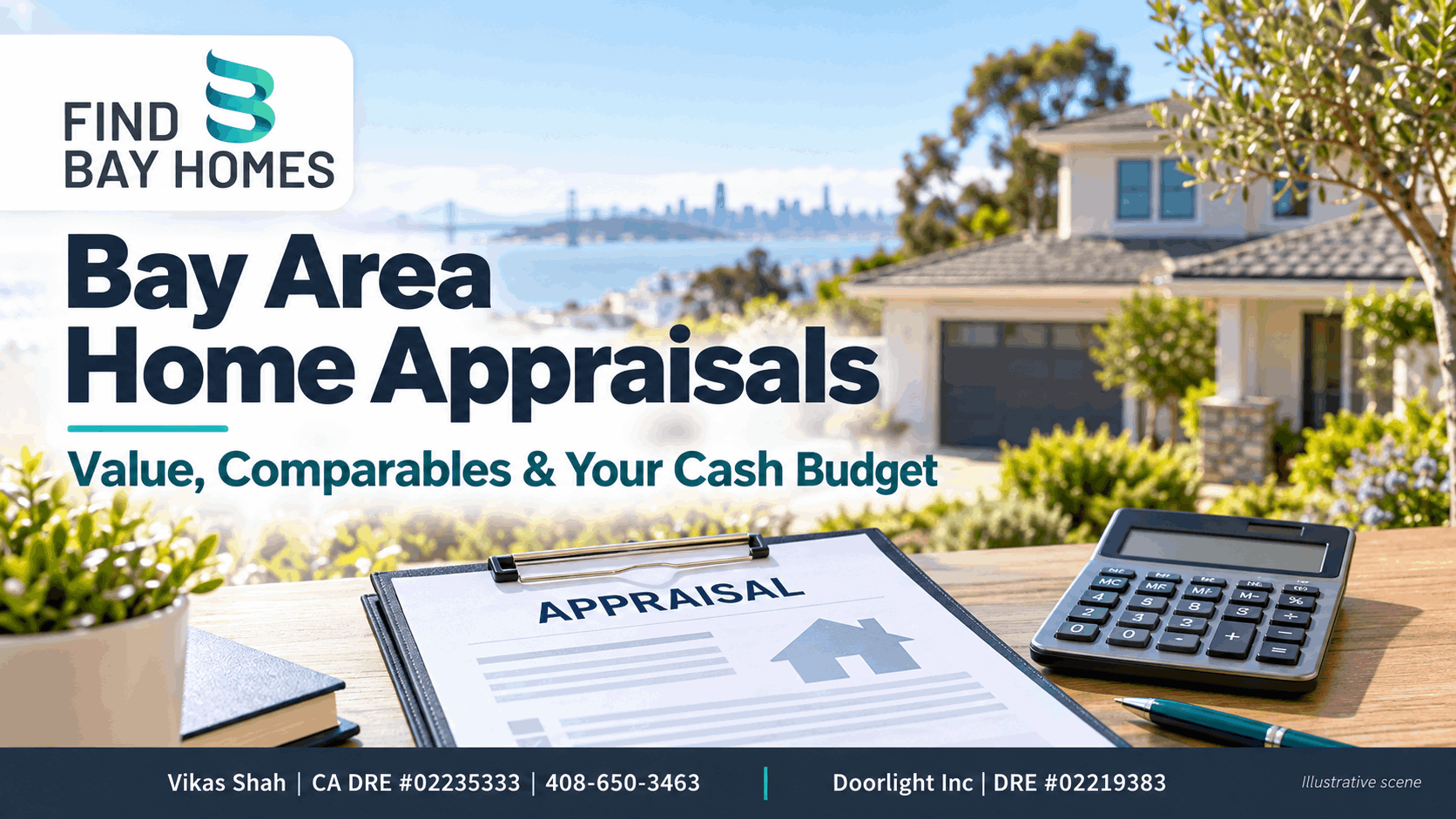 Bay Area home appraisal guide with a house, appraisal worksheet and calculator for comparing value and cash requirements