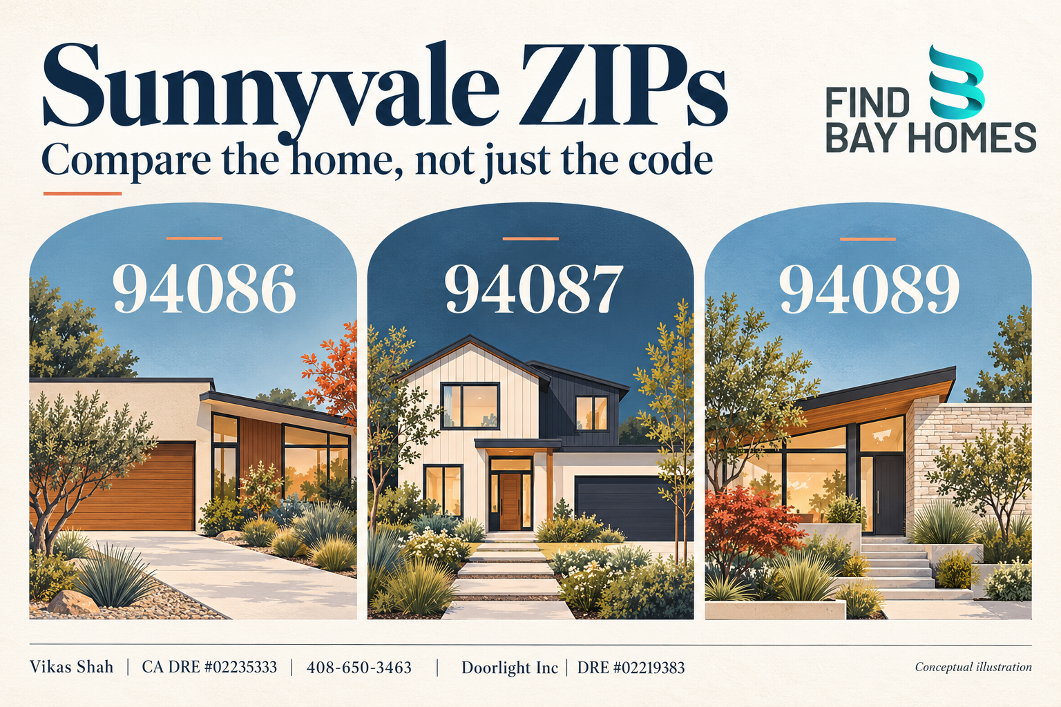 Conceptual illustration of three equally sized panels labeled Sunnyvale ZIP codes 94086, 94087 and 94089; homes shown are illustrative, not local listings or maps.