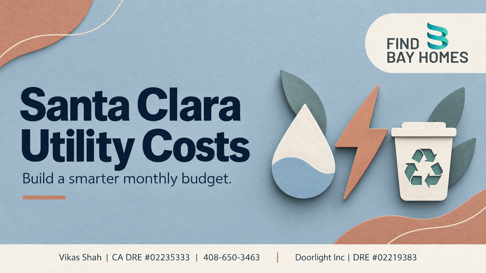 Santa Clara utility-cost guide with water, electricity and recycling symbols on a slate-blue cover