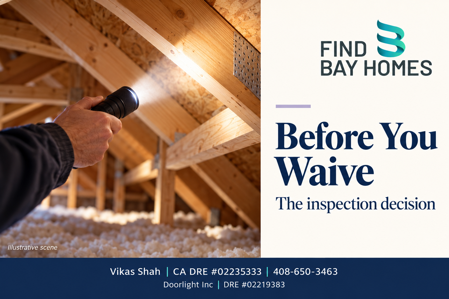 Illustrative attic inspection beside the title Before You Waive on a Find Bay Homes cover