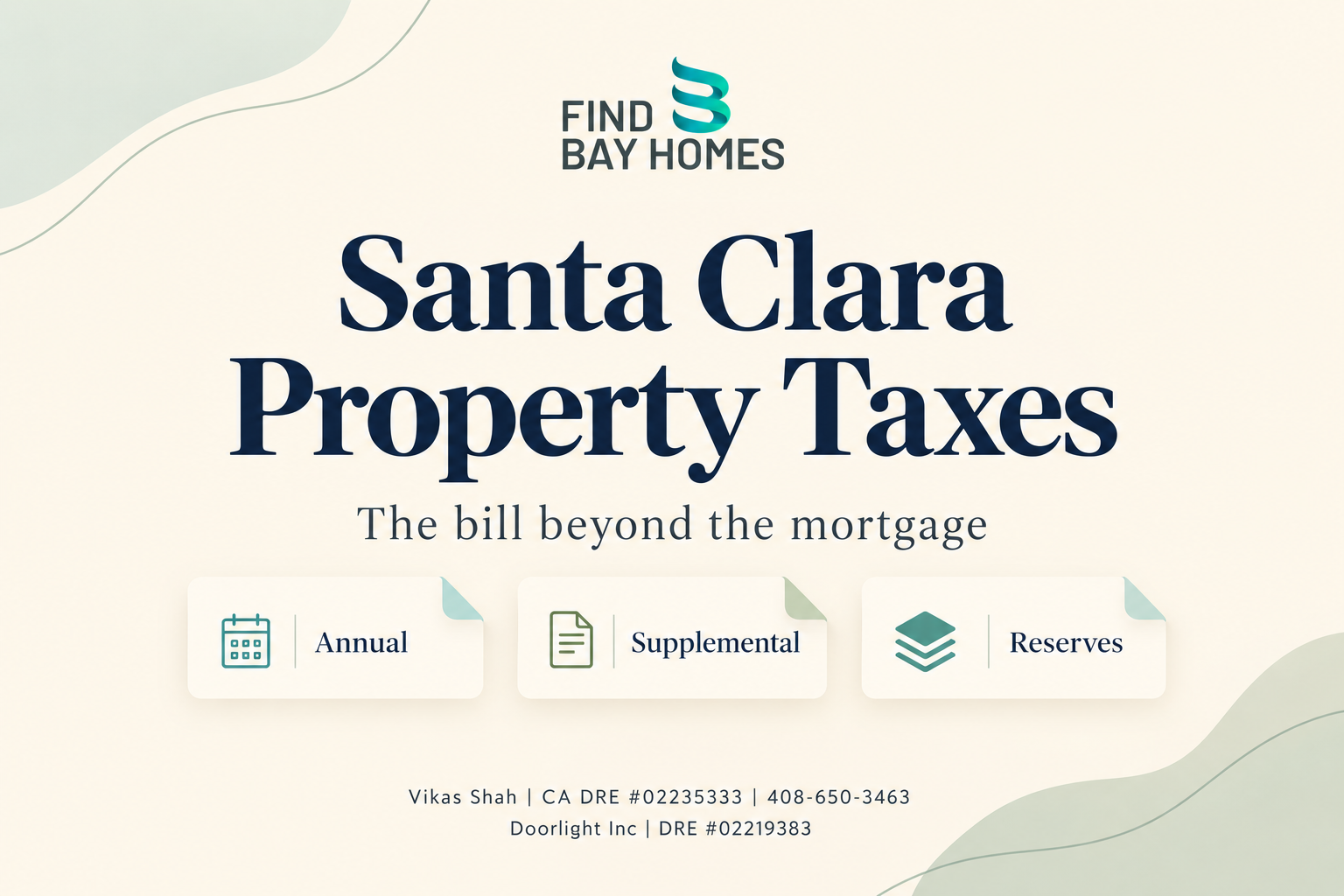 Santa Clara property-tax cover separating annual bills, supplemental bills and reserves in a sand-and-sage editorial design