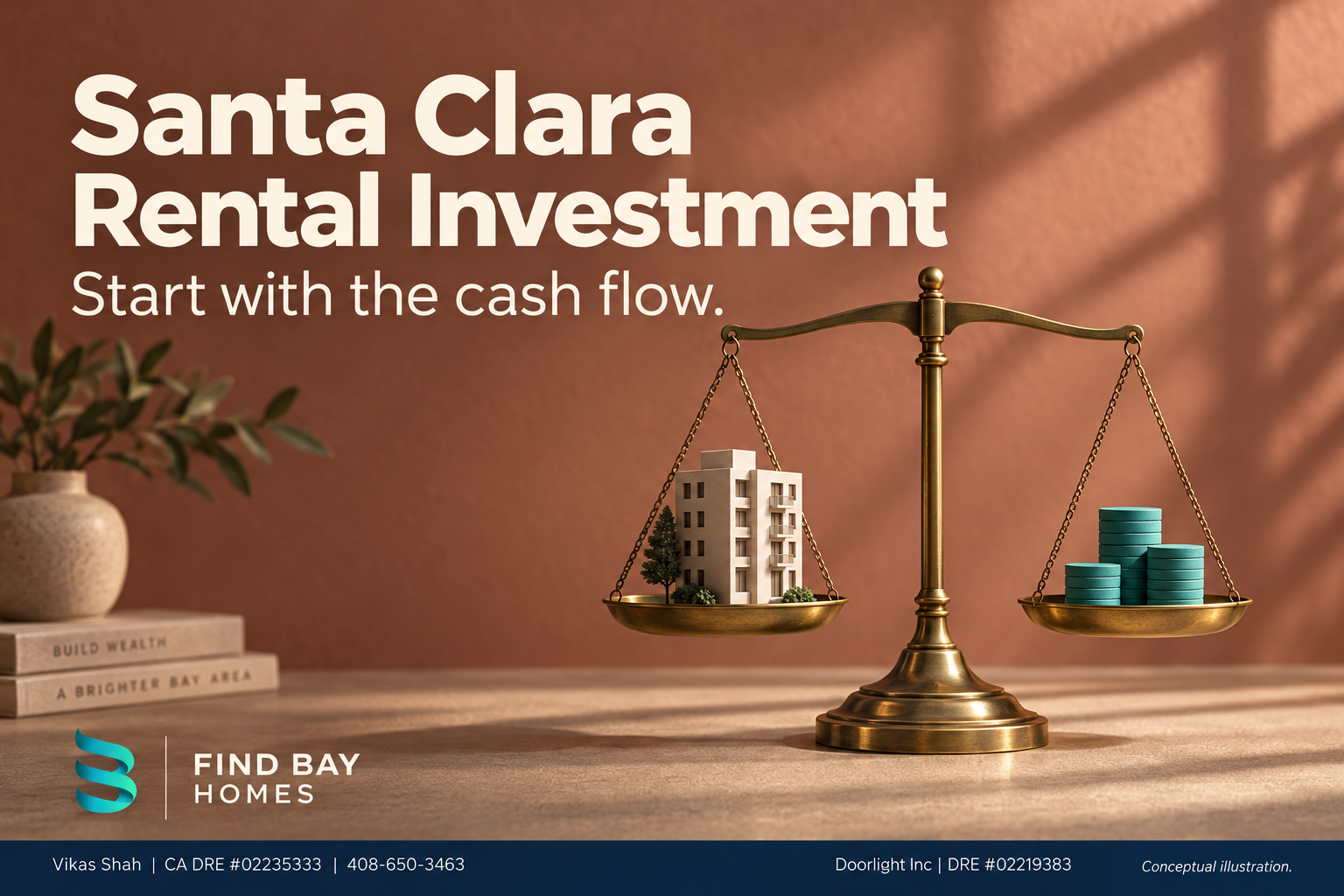 Conceptual brass scale balances an apartment model against teal tokens, illustrating rental income versus property costs.