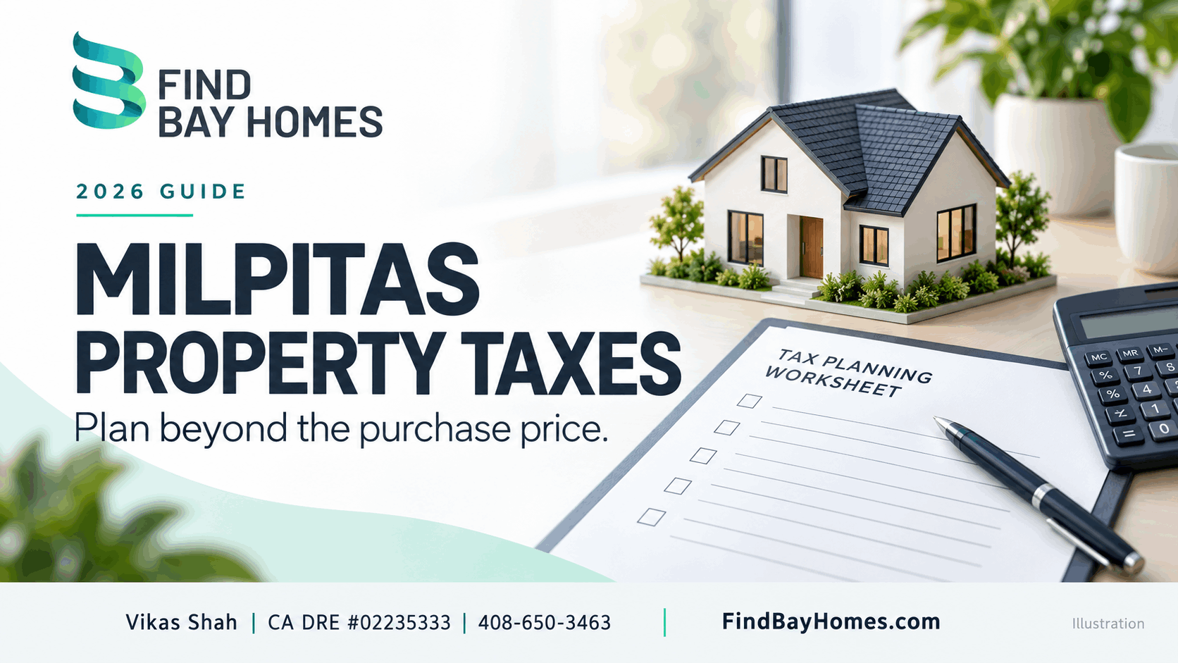 Milpitas property tax guide cover with a house model and blank tax-planning worksheet