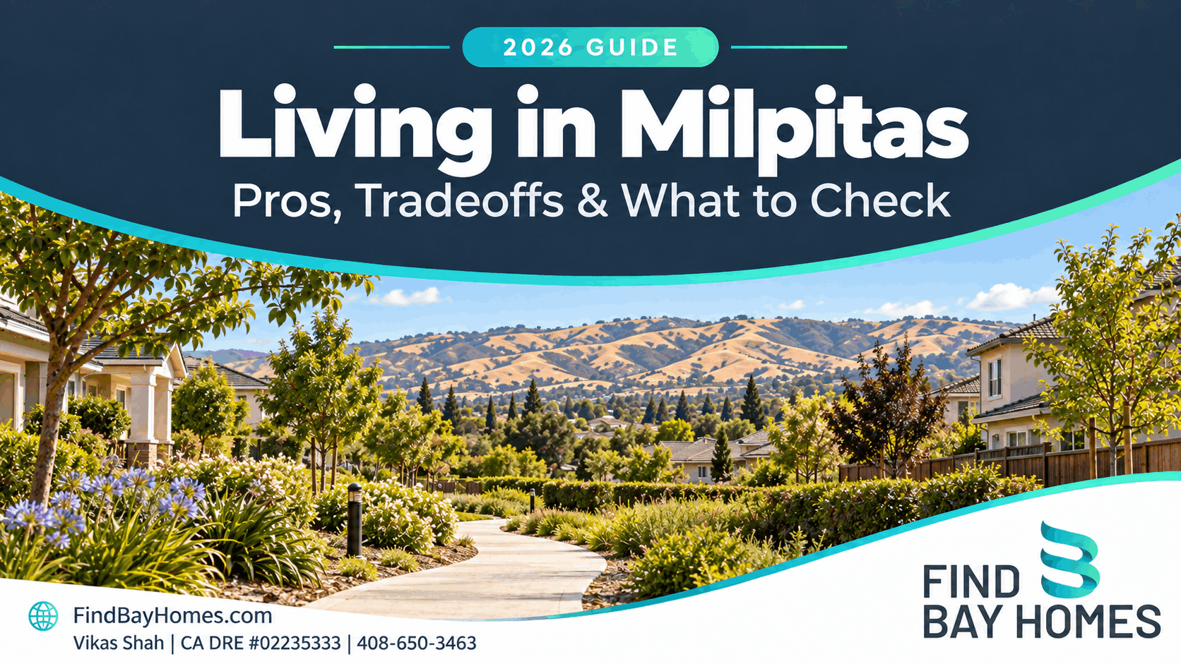 Living in Milpitas guide with an illustrated leafy path, homes and golden foothills; Vikas Shah, CA DRE 02235333, 408-650-3463.