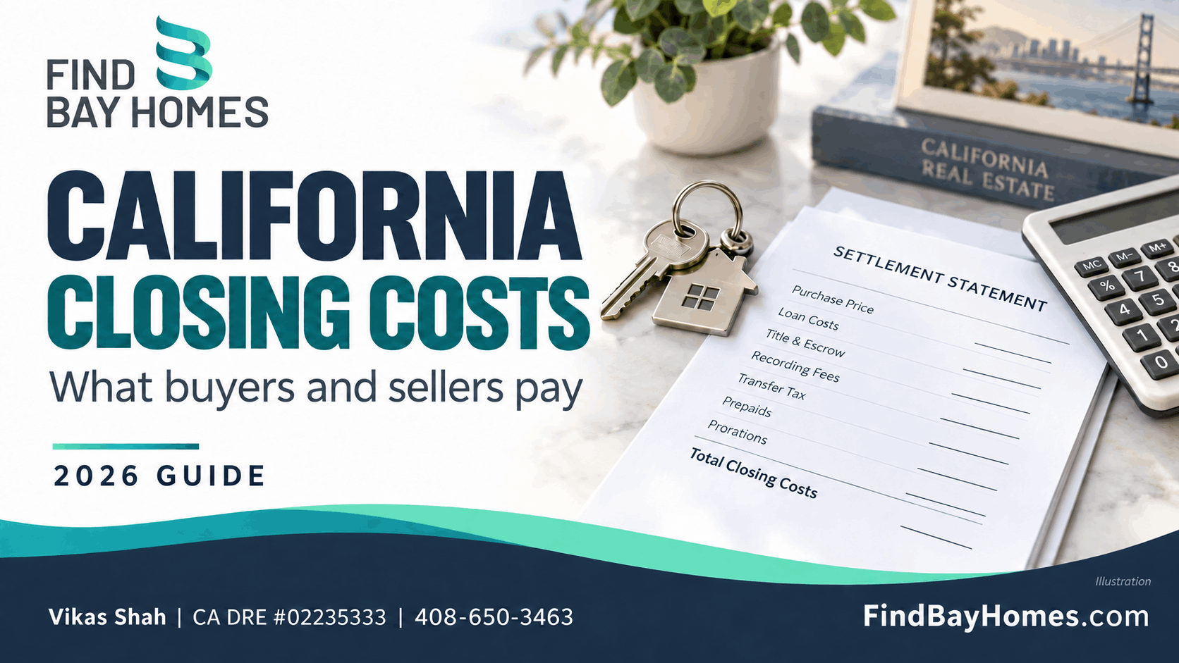 California closing costs cover with keys, calculator and a blank settlement worksheet