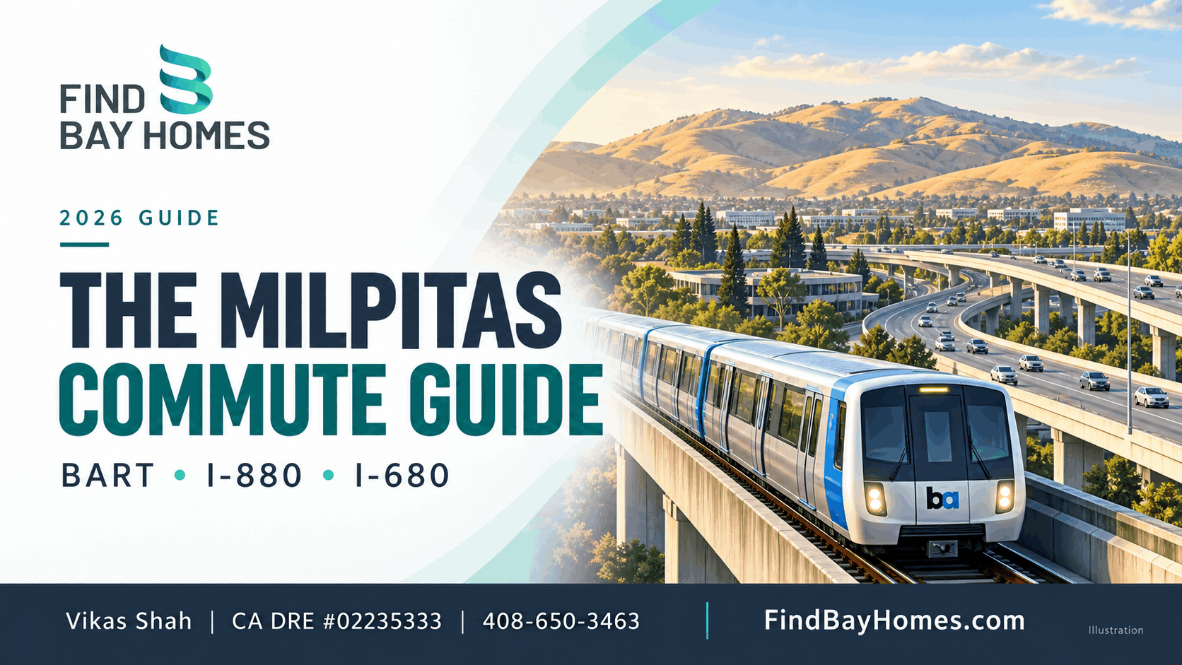Illustrated commuter train, freeway and golden hills on a branded Milpitas commute guide cover