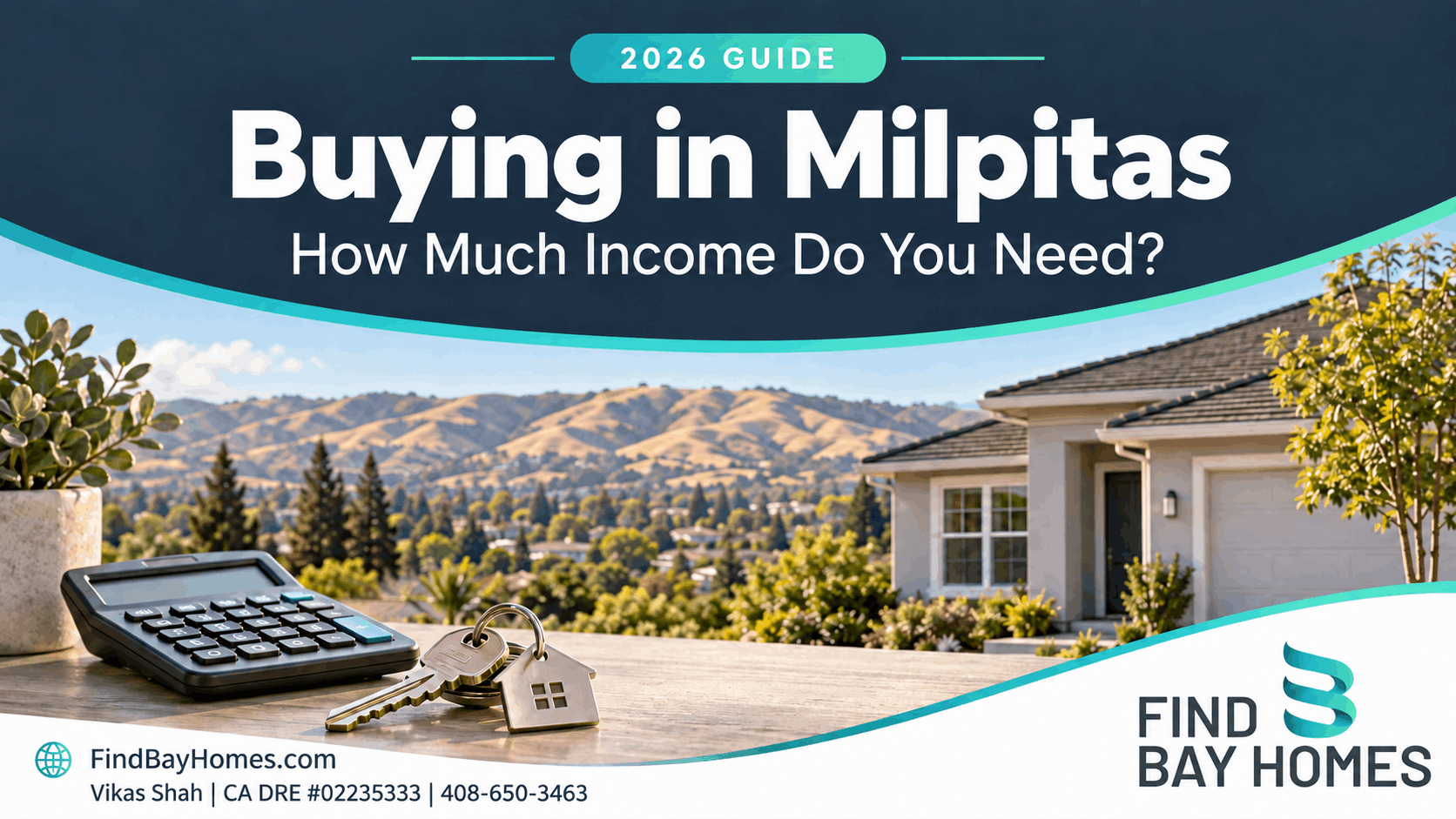 Milpitas income guide cover with a house, foothills, calculator and keys; Vikas Shah, CA DRE 02235333, 408-650-3463.