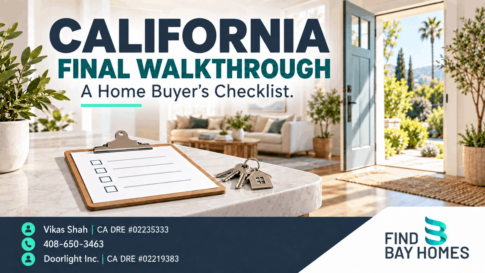 California final walkthrough checklist illustration with house keys and a checklist, branded FindBayHomes