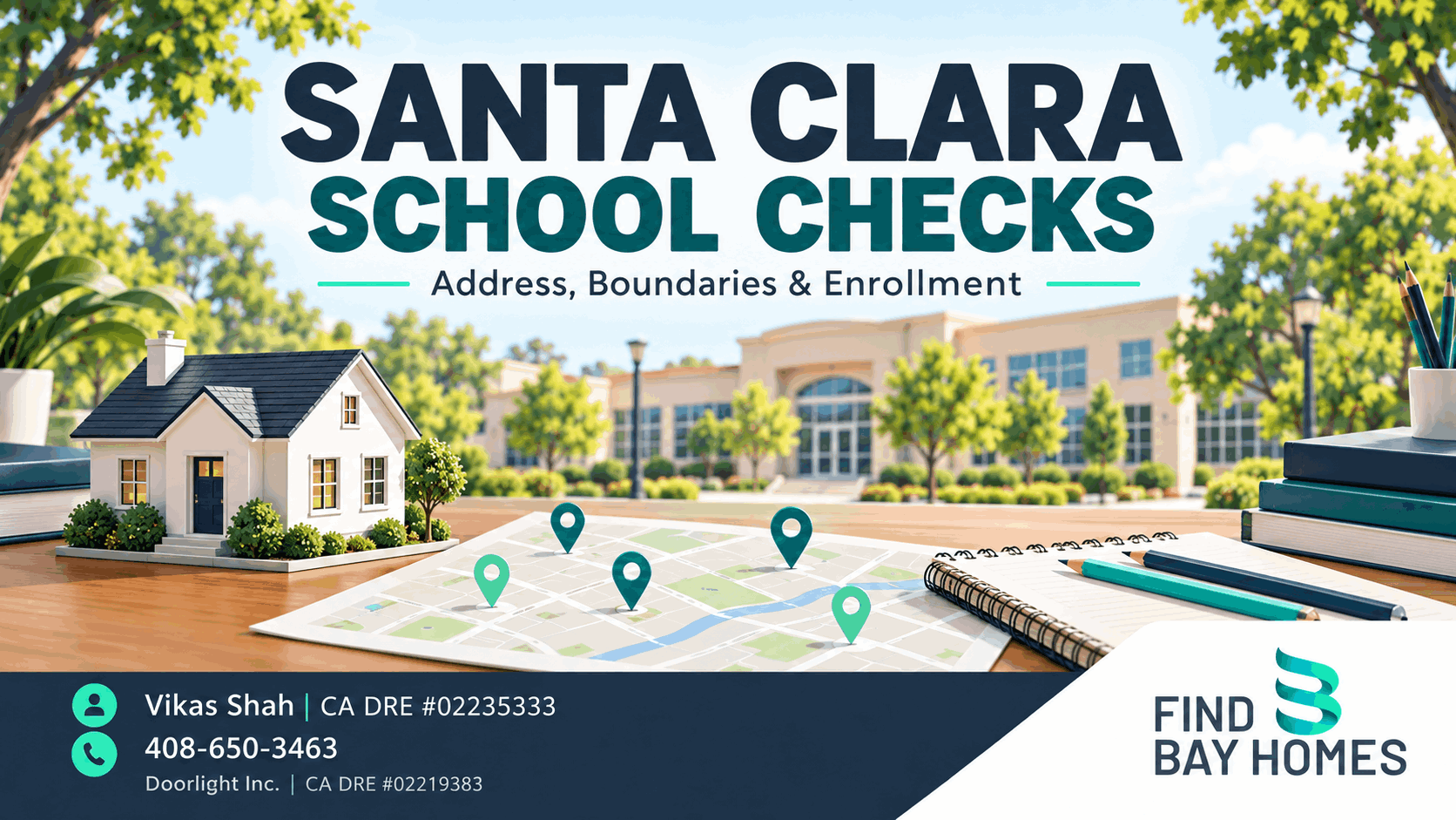 Santa Clara school verification illustration with a house model, map and enrollment notebook, branded FindBayHomes