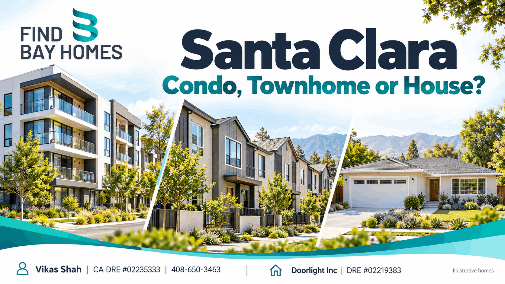 Illustrative comparison of a condo building, townhomes and a detached house for Santa Clara buyers, with FindBayHomes branding and Vikas Shah contact details