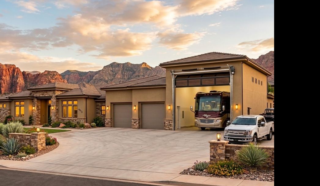 Class A motorhome parked inside an oversized RV garage at a luxury home in St. George, Utah, with extra-height door clearance and paver driveway