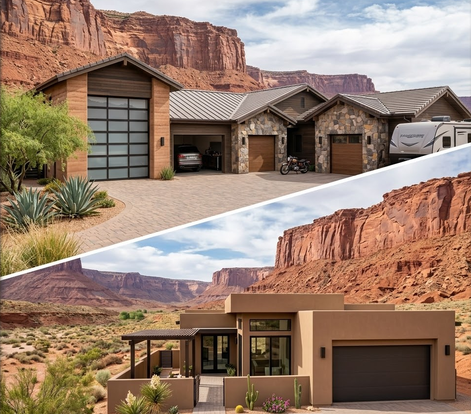 Multi-bay garage home in St. George Utah showing workshop space, golf cart bay, and flex room