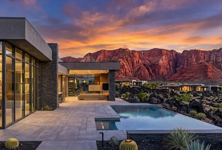 Modern luxury real estate in St. George Utah with red rock mountain views and contemporary desert architecture.