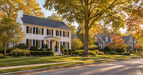 Colonial and Cape Cod homes on a tree-lined street in Bethesda, Maryland in early fall