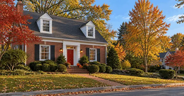 Brick Cape Cod home with a red front door on a residential street in Montgomery County, Maryland in fall
