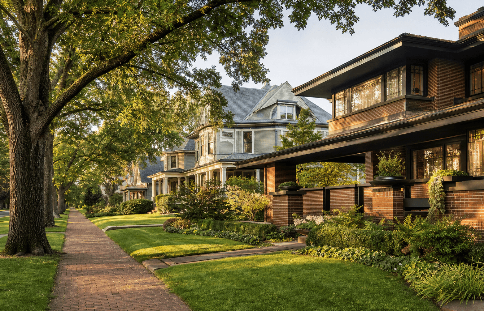 A tree-lined Oak Park street of Prairie School and Victorian houses in late afternoon light