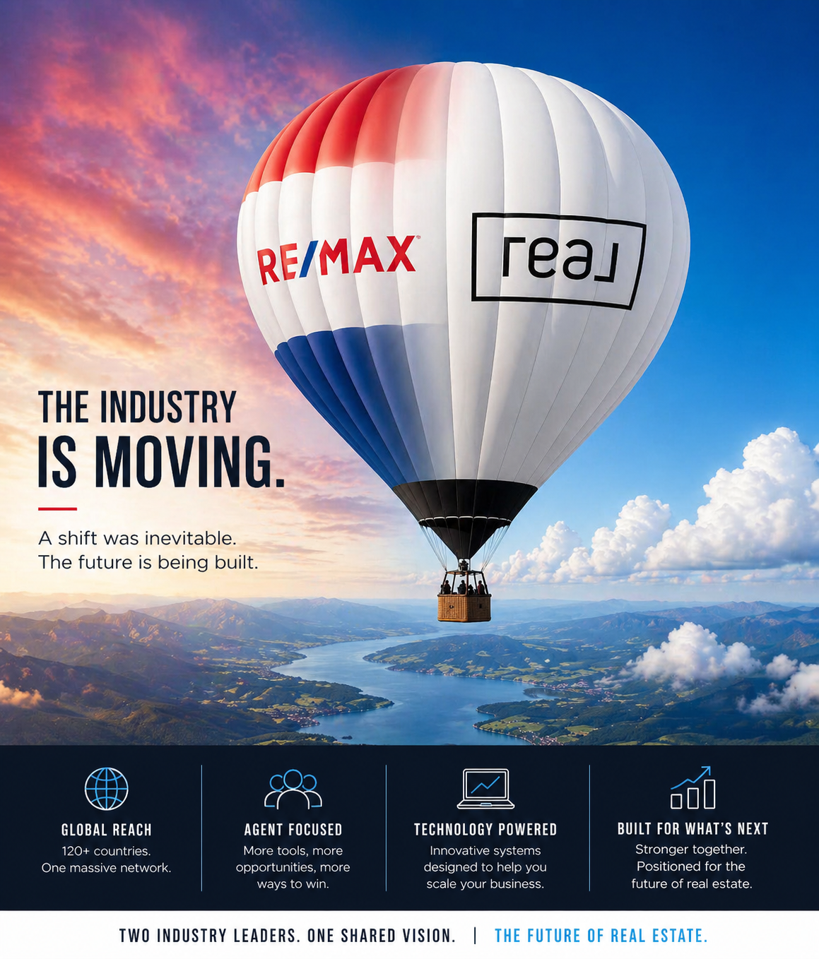Hot air balloon featuring a blended design of RE/MAX red, white, and blue transitioning into Real Broker’s minimal black and white branding, floating over a scenic landscape to symbolize a shift and evolution in the real estate industry.