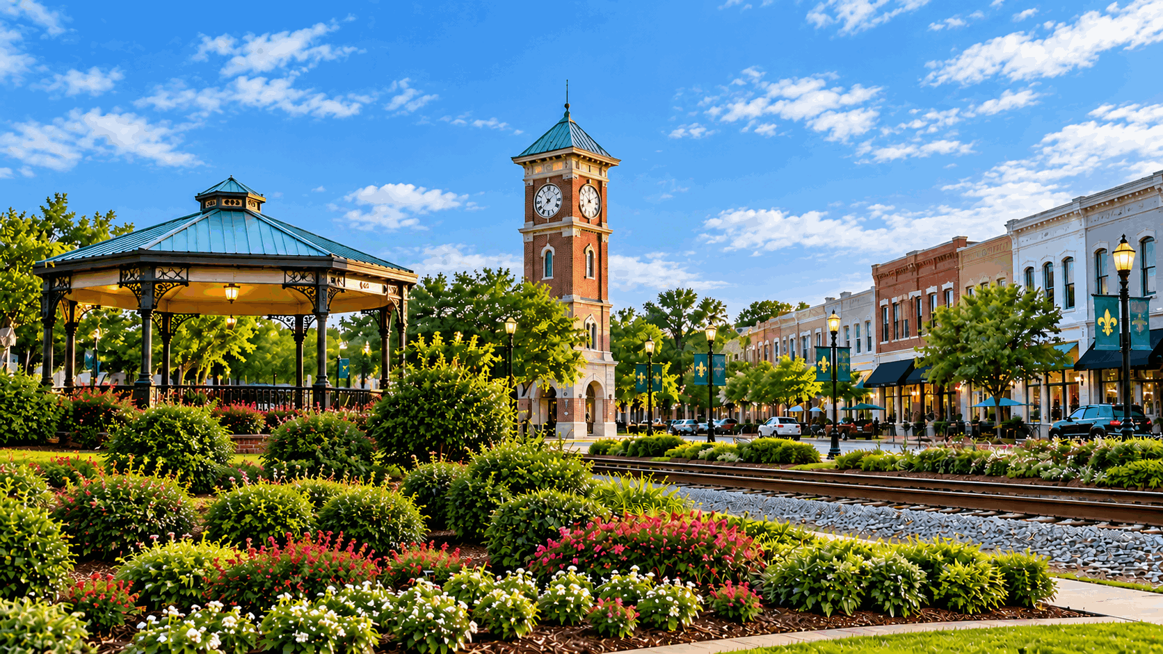 Sunlit Historic Town Square with Clock Tower