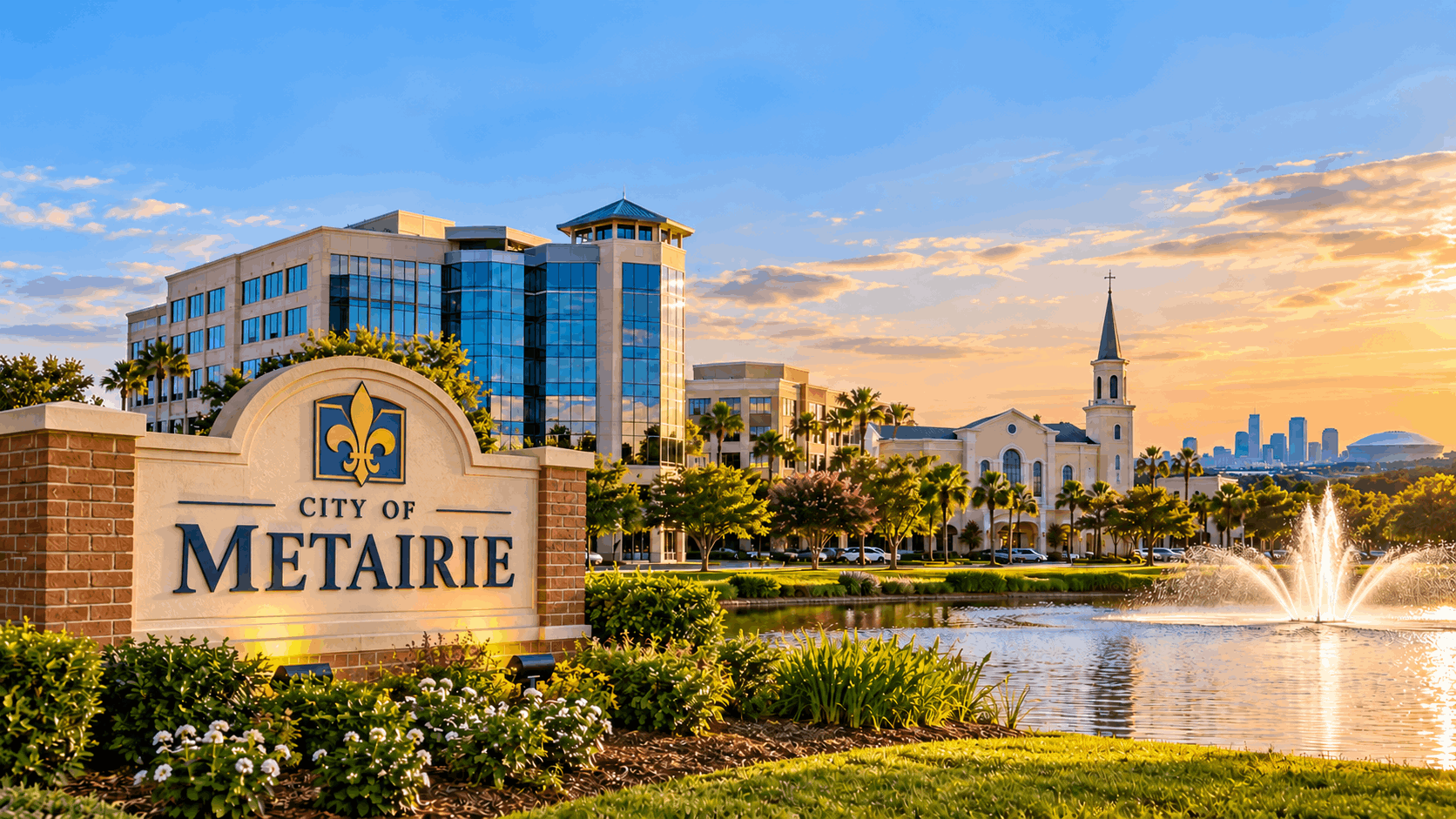 Sunset Metairie Entrance Sign and Fountain