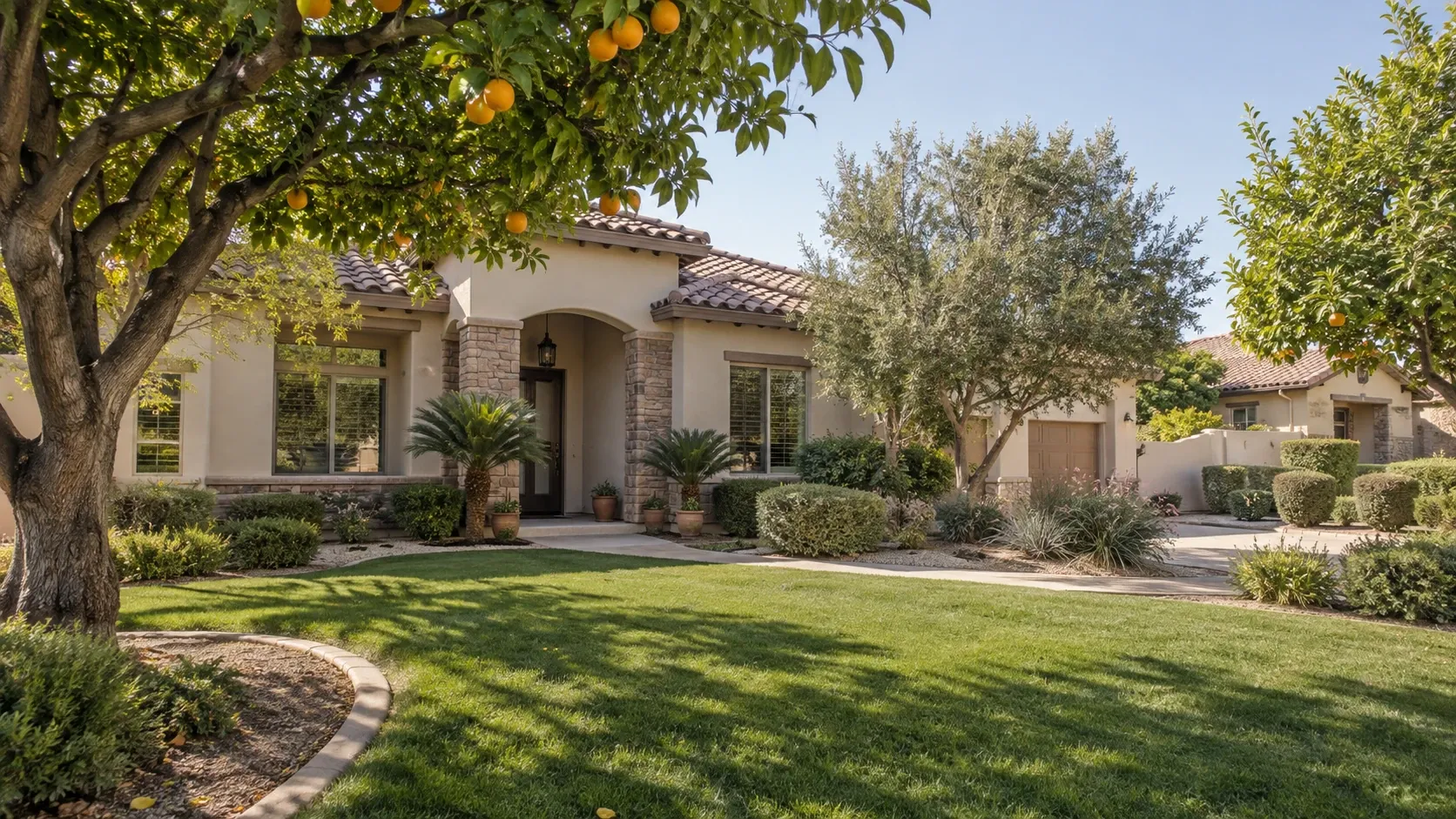 Trovita Estates gated luxury community in Mesa, Arizona, surrounded by mature citrus-grove landscaping