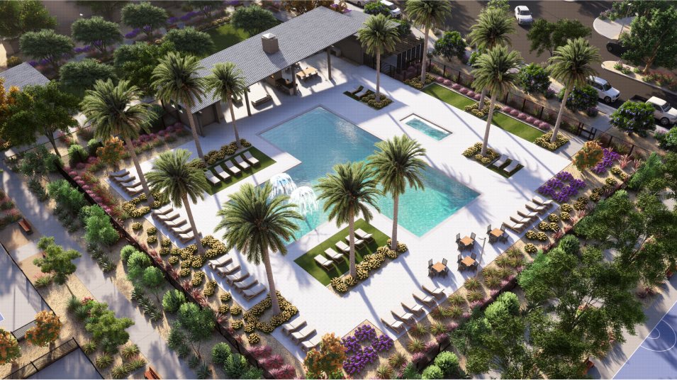 Conceptual illustration of a resort style pool and amenity area in a Mesa, Arizona master planned community
