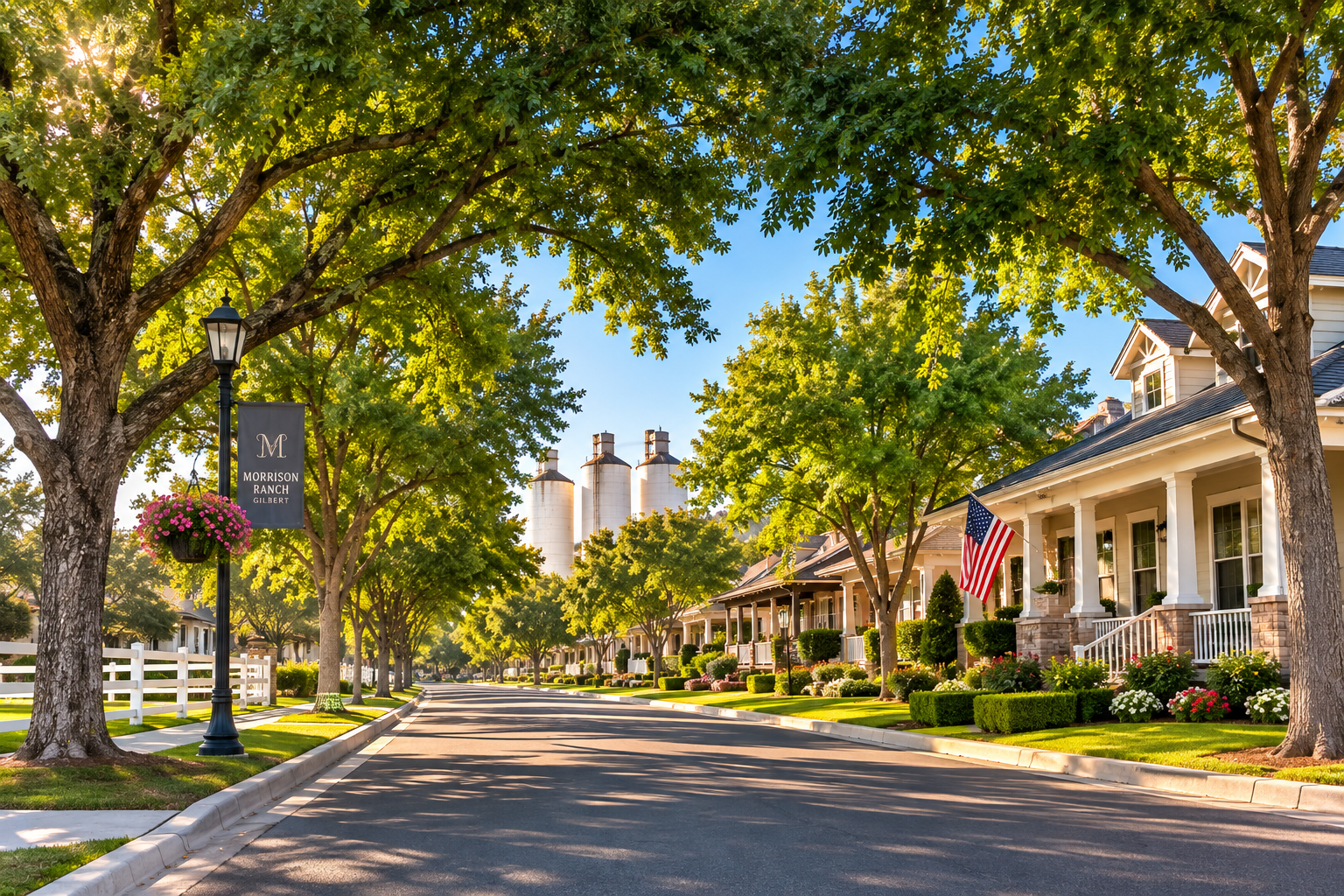 Illustration of a tree lined street with white rail fencing and grass front yards