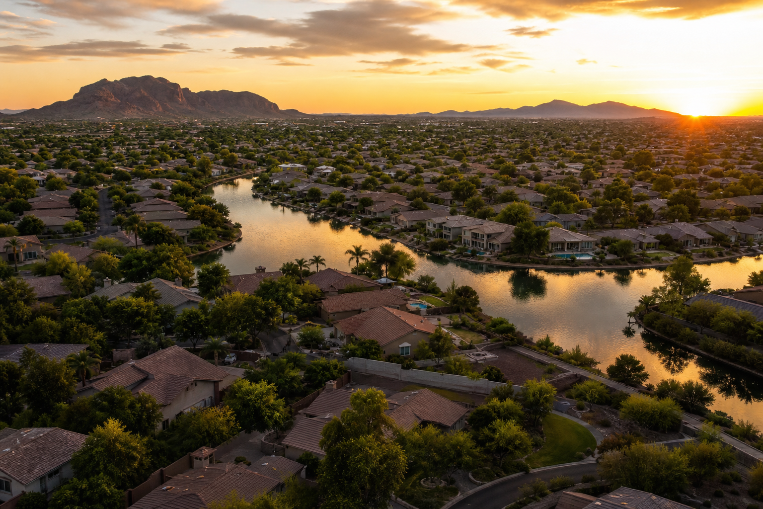 Illustration of homes along a residential lake at sunset