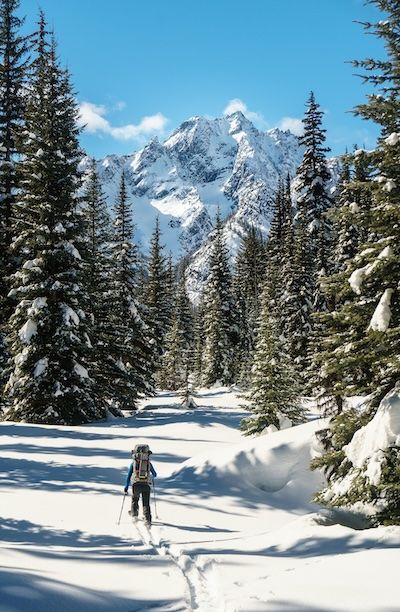 Skier on a snowy Sierra trail, the kind of snow you can reach within an hour of Nevada County CA