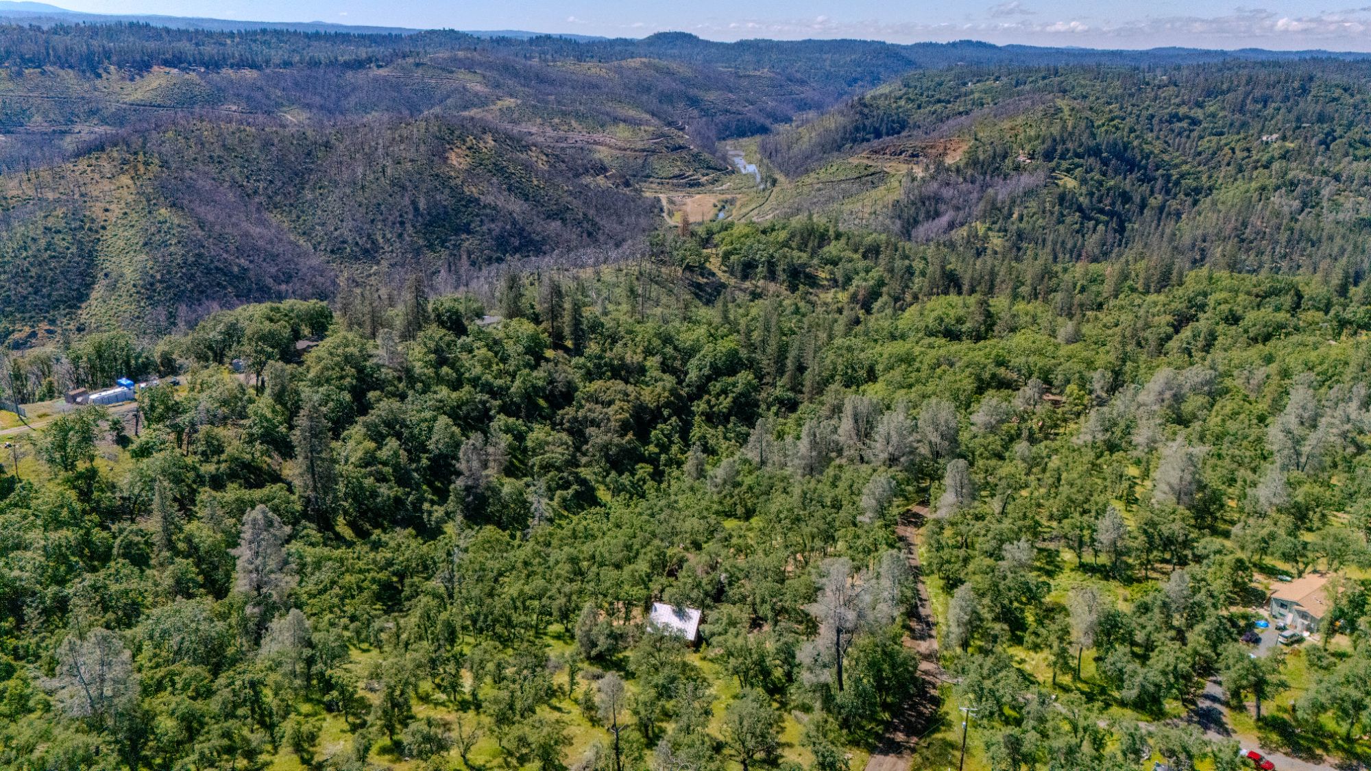 Aerial view of homes tucked into forested Sierra Foothills terrain near Nevada County
