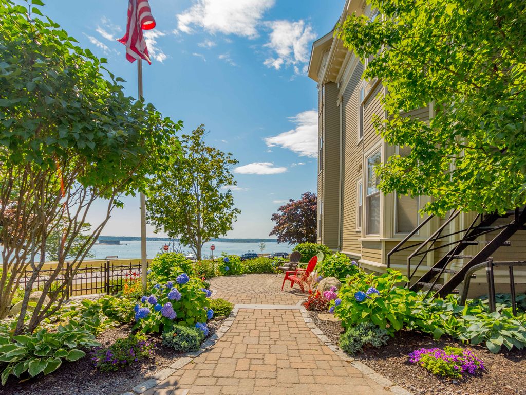 Landscaped walkway with hydrangea, Eastern Prom, Portland Maine