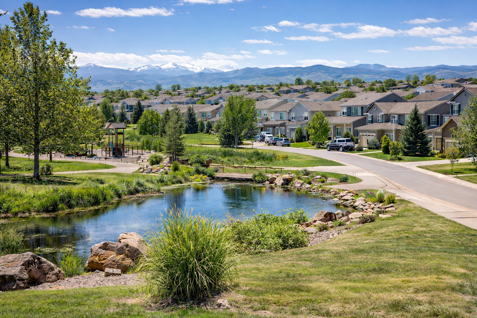 Suburban serenity with mountain backdrop