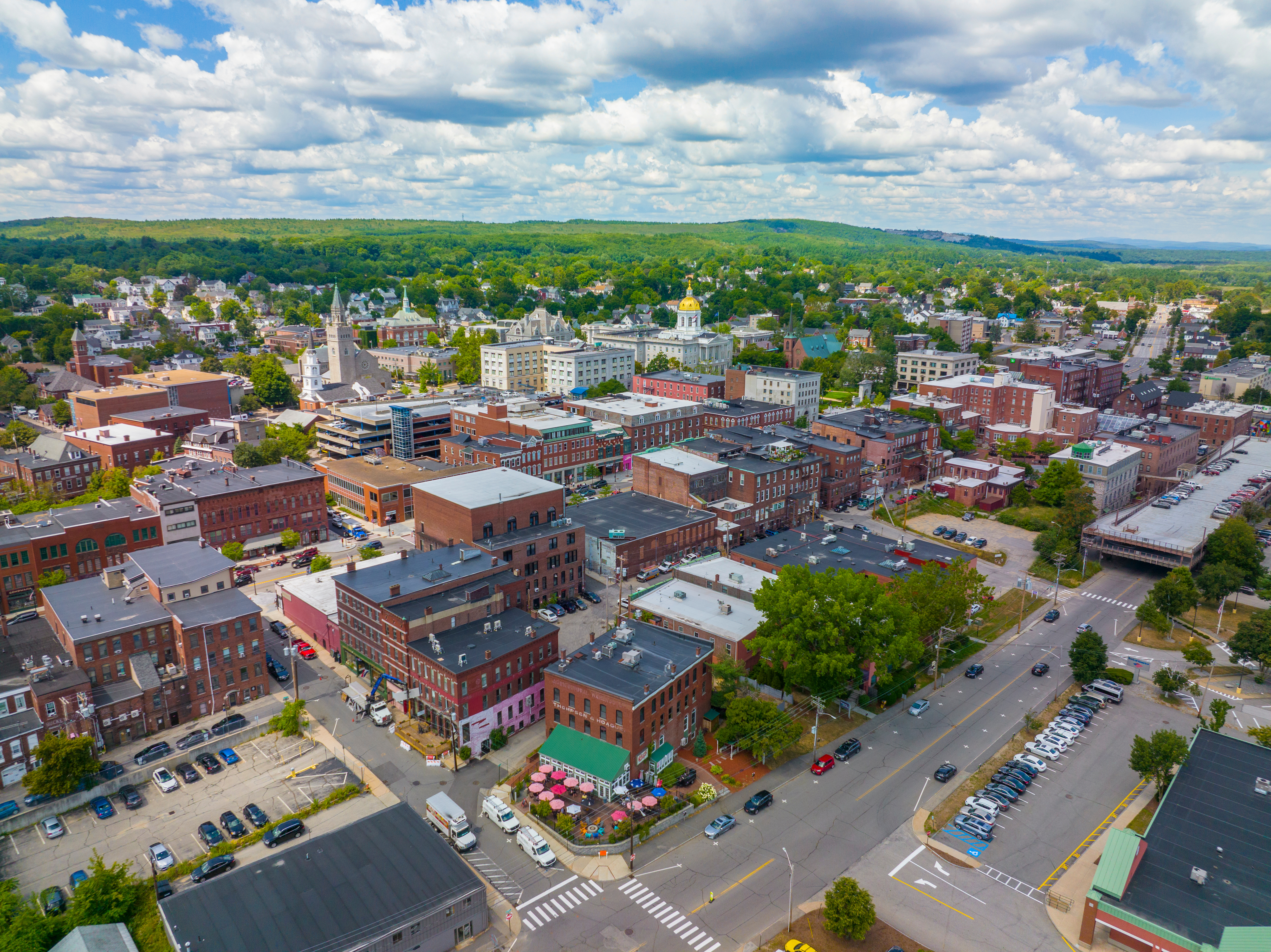 Aerial view of downtown Concord, New Hampshire with the State House dome