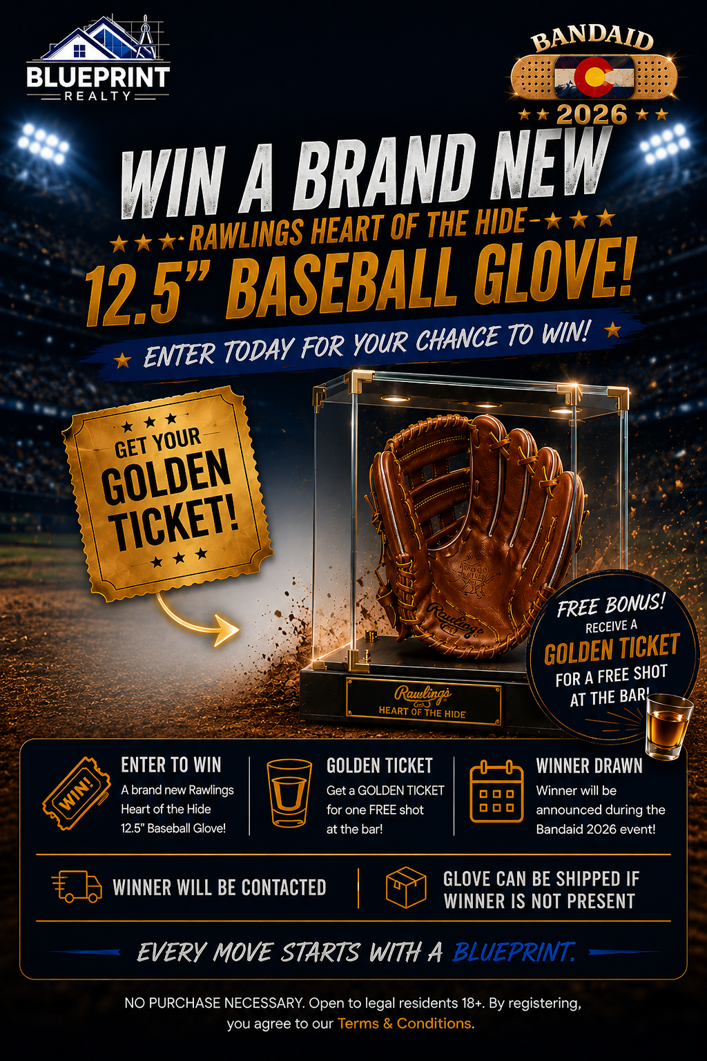Blueprint Realty Bandaid 2026 giveaway booth promotion featuring Colorado softball and USSSA men's softball event sponsorship, real estate services, prize drawing, and community engagement in Colorado Springs.
