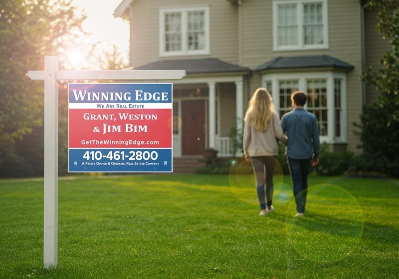 Couple looking at a house with a Winning Edge Real Estate For Sale sign