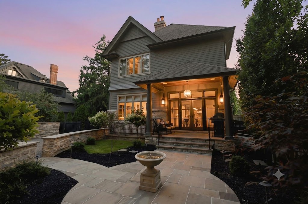 Illuminated rear elevation and stone terrace at dusk