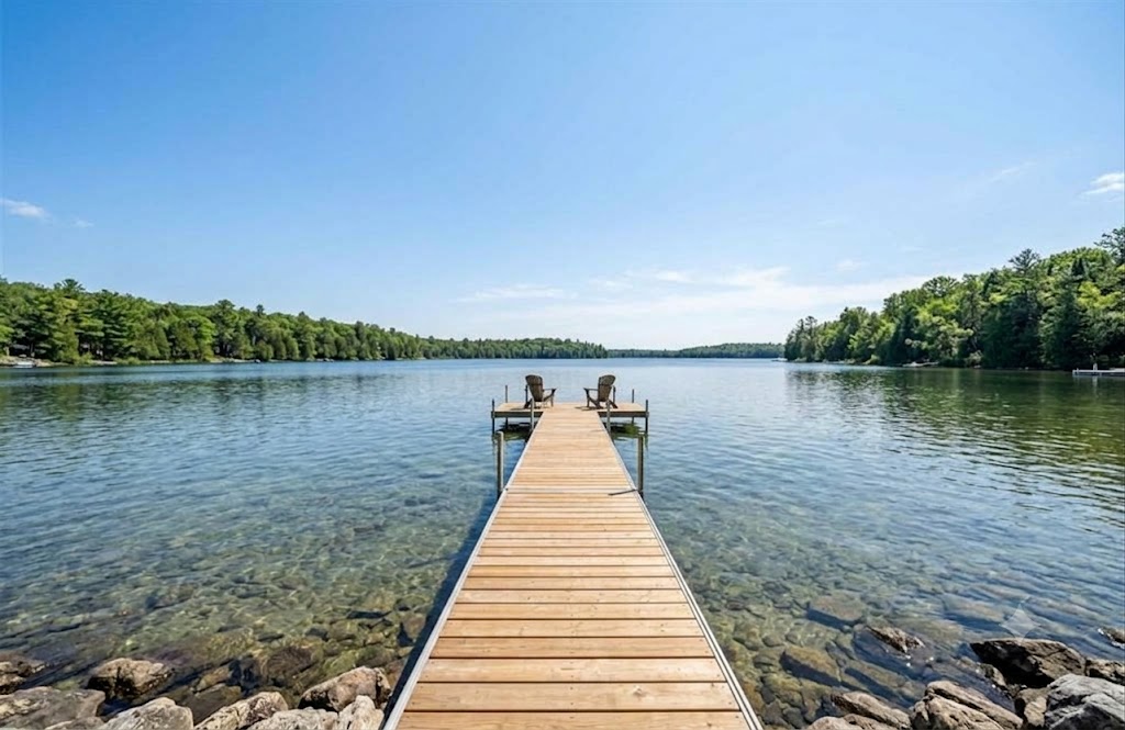 Wooden dock extending over clear water