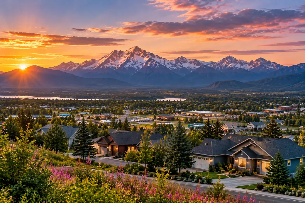 Golden Hour Valley Town beneath Snowy Peaks