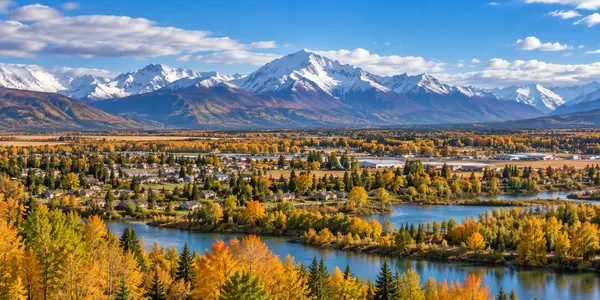 Autumn Valley Town Beneath Snowy Peaks