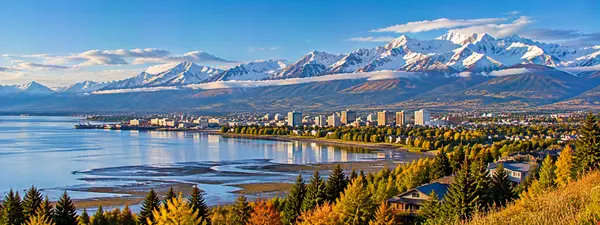 Coastal City Beneath Snowy Peaks