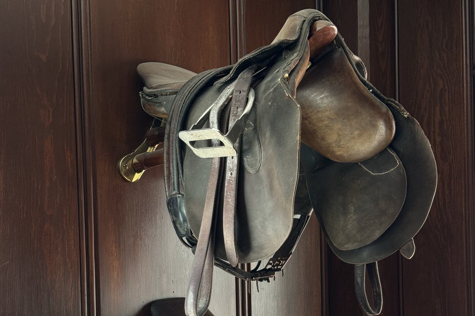Saddles hanging in a paneled tack room