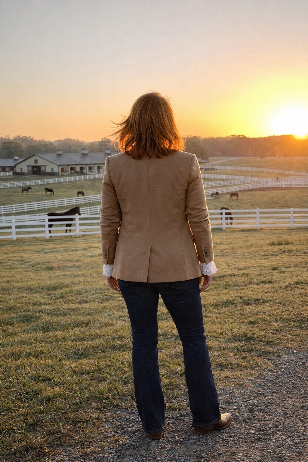 Starla Trainor looking out over a horse farm at sunset