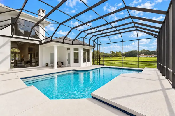 Screen enclosed pool overlooking a green paddock. 