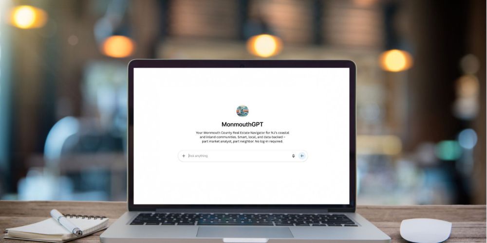 MonmouthGPT AI-powered Monmouth County real estate assistant displayed on a laptop, helping homeowners explore local housing market insights.