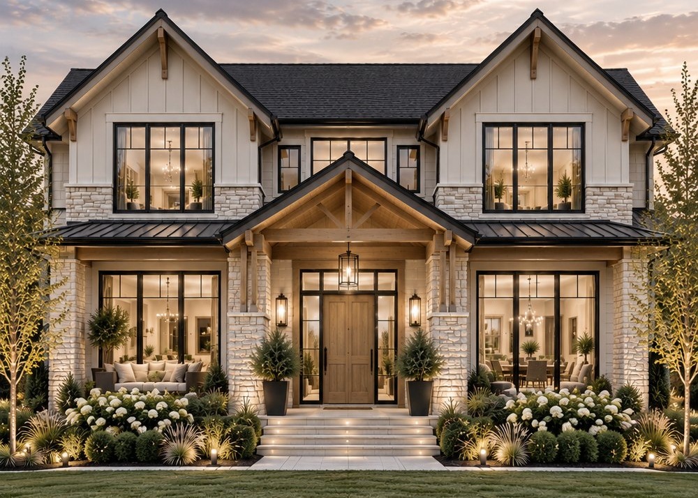 Two-story home with a covered front porch at sunset