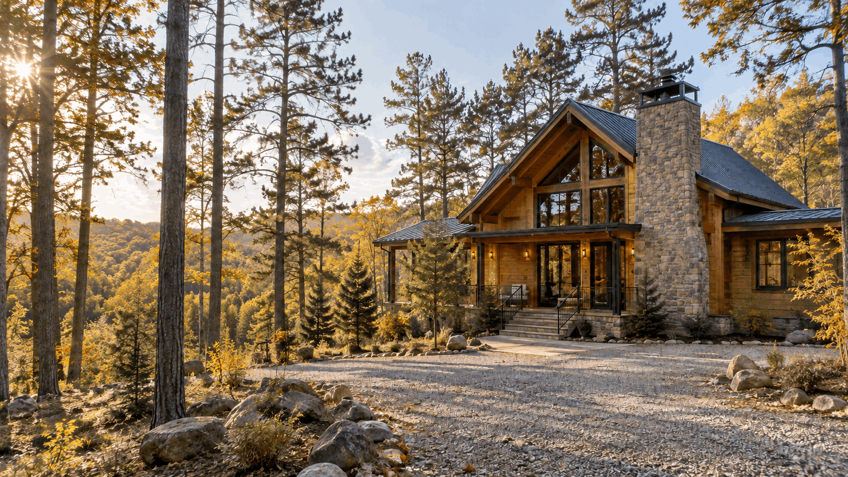 Modern timber cabin surrounded by pine-covered terrain in the Broken Bow, Oklahoma area