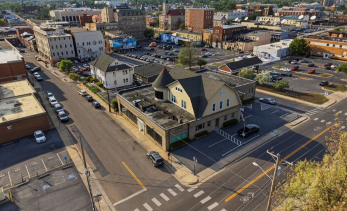 Aerial view of downtown Harrisonburg commercial real estate.