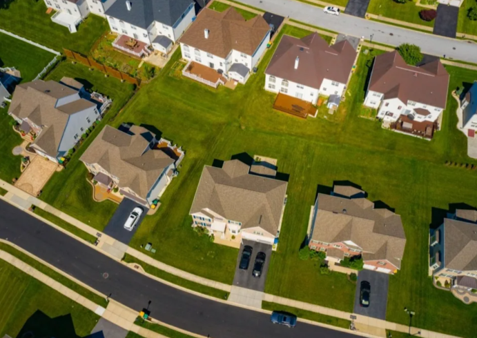 Aerial view of Harrisonburg residential neighborhood real estate.