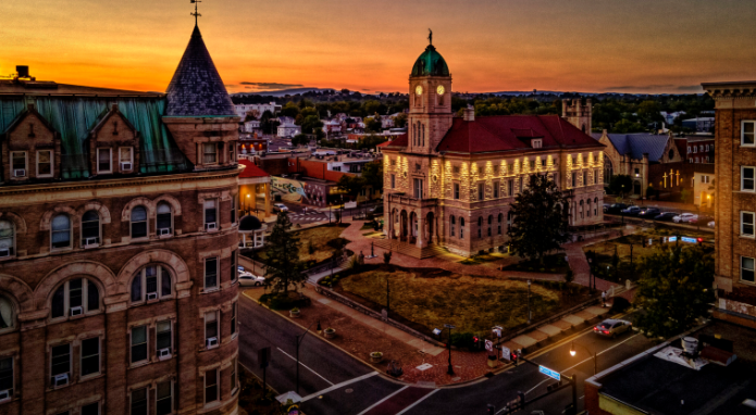 Historic downtown Harrisonburg courthouse driving tourism and real estate.